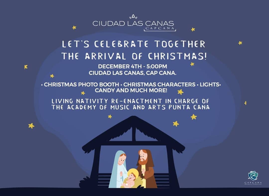 Invitación de Ciudad Las Canas a celebrar la llegada de la Navidad el 4 de diciembre, con un pesebre ilustrado